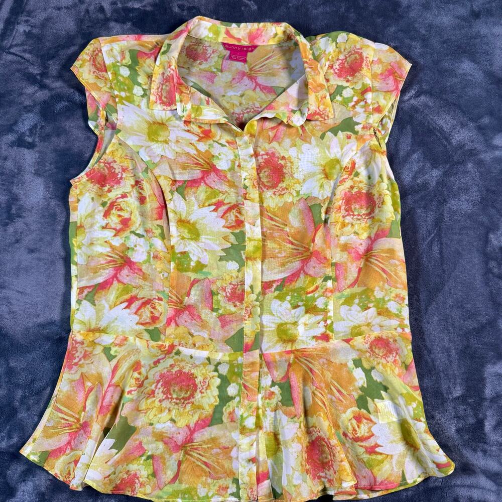 Sunny Leigh Blouse Womens Large Floral Button Front Peplum Cottage Top